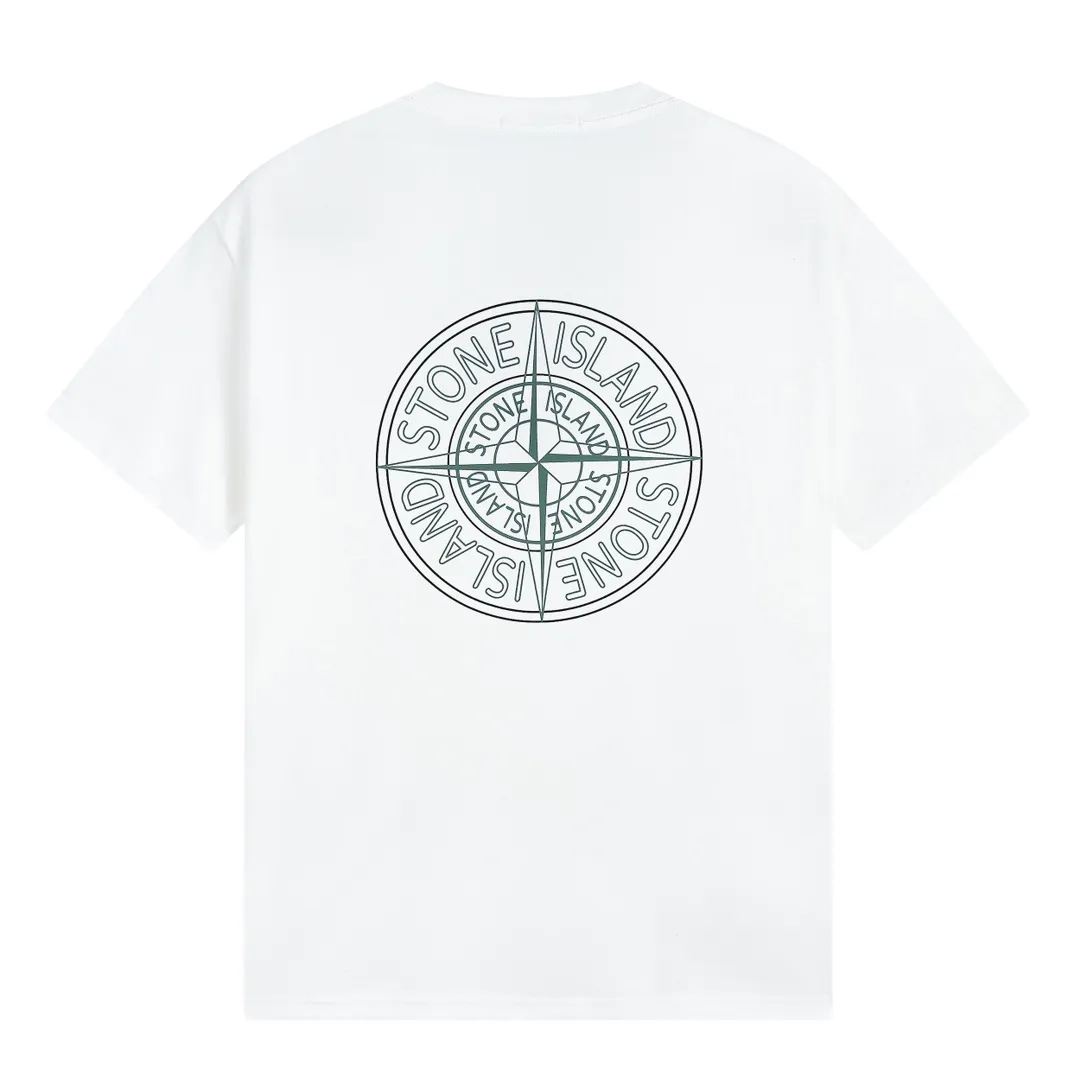 W609#P110💰 Stone Island compass big logo on the back logo printed short-sleeved men's and women's loose casual T-shirt Made of 260g combed cotton 32-count double yarn, double thread and two needles to press the thread, no deformation after long-term washing, imported 3D printing, no fading, no cracking, genuine pattern making, double tag wash, original packaging, color: black - white, size M - XXL